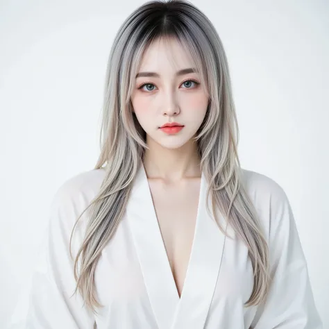 masterpiece、whole body、Background white、Elegant white kimono 、Feminine curves、 thin waist、 Soft Lines 、 natural pose、 showing depth and three-dimensional effect 、 K-pop idol's beautiful and cute face   , Big and perfect eyes,  thin eyebrows, ((Hair startin...