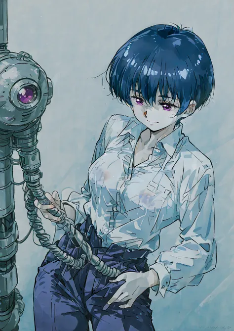 Anime illustration, cosplay of a Selepo alien, dress shirt, pants, machine from pants, cold smile, transparent areola, 73cm hair, short hair, pixie cut, bangs, dark blue hair, purple eyes, 1980s anime, cel animation, beautiful fingers, blue background,