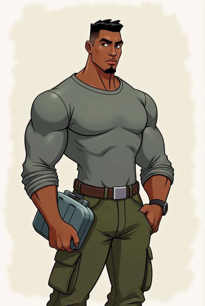 Create a Disney-style character of a strong black man wearing a gray long sleeve shirt, green long pants , short hair, a gray gas bottle in the hand 