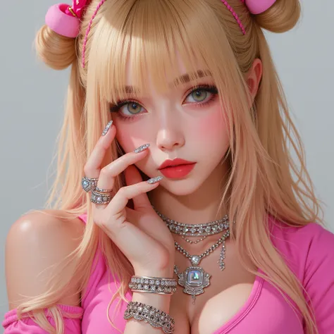 Portrait of a half American Half Japanese, gyaru, dyed blonde hair, cute clothes, gyaru fashion, chunky jewellery, huge breasts, sparkly nails