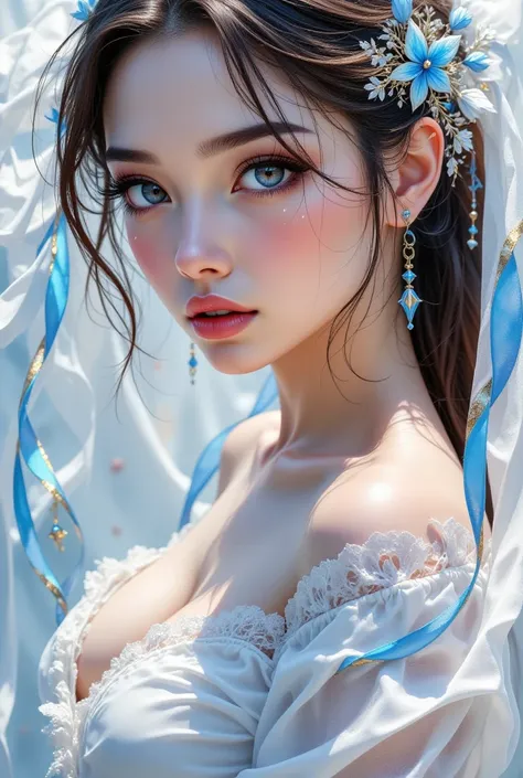 A mesmerizing watercolor painting captures the essence of a young, exquisite woman with loose, flowing hair adorned by a delicate ribbon of blue, silver, and gold. Her enchanting gaze draws the viewer in, as the artist masterfully blends light blue, silver...