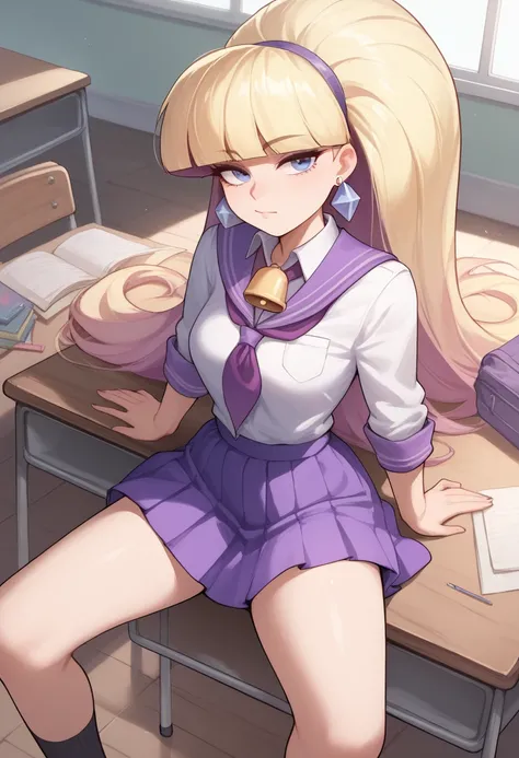 Pacifica Northwest. Medium breasts. Medium hips. thin body, long blond hair with bell-shaped bangs and dark blue eyes, blonde. She also has thick purple eye shadow and lavender ring earrings. school uniform. school class. desk. sitting