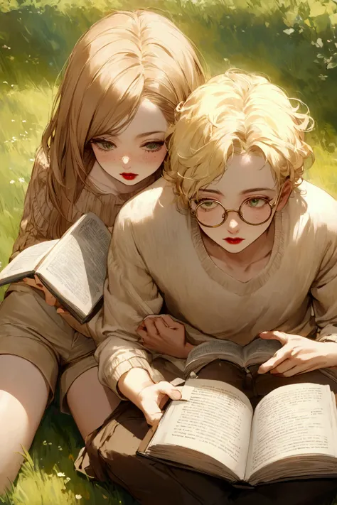 A boy,  with pale skin and freckles ,  hair split in half ,  on one side brown and the other , blonde,  green eyes,  red lips , Wearing a beige sweater,  round gold-framed glasses and tight beige shorts,  sitting on the grass reading a book , looking close...