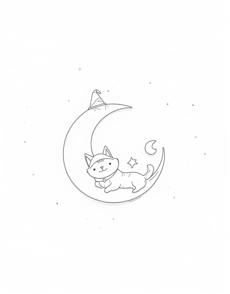 A cat lounging on a crescent moon, wearing a wizard hat, surrounded by stars and sparkles. line art suitable for a coloring page. 