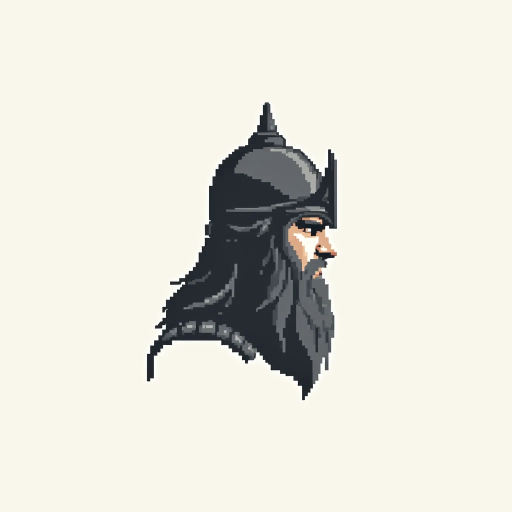 A minimalist 2-bit logo design featuring the head of Theoden, King of Rohan, from *The Lord of the Rings*. The logo is designed in a clean, monochromatic 2-bit style, showcasing Theoden’s iconic helmet with bold, simplified lines and sharp contrasts. The h...