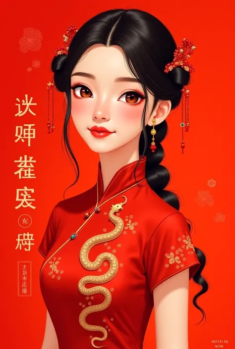 Design a beautiful girl in a red cheongsam to congratulate the Chinese New Year with the symbol of the Year of the Snake and a congratulatory 恭喜发财 message 