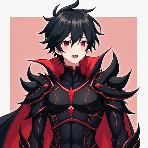 Male anime character with demonic traits, short jet black hair , Ojos rojos,  fair complexion and adolescent height has ... a muscular and agile appearance ,  with black demonic armor that gives him extra protection.  The details of the armor are bright da...