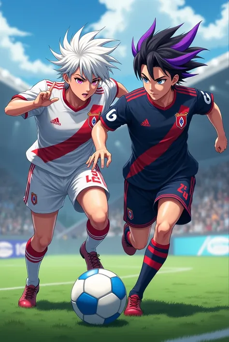 Two soccer players the first his name is Mays Seishiro has white hair and pink eyes and the second his name is Zohen Mikage black hair at the top and purple at the bottom his blue eyes