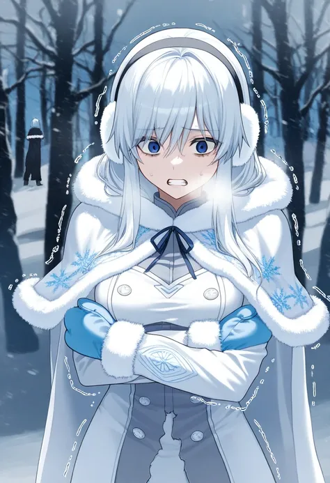 white fur trim, distressed mature mother with medium breasts and long hair full of snow and ice and frost shivering in the cold, desperate and scared expression, concerned, worried, weak to the cold, can't endure the cold any longer, cold breath, partially...