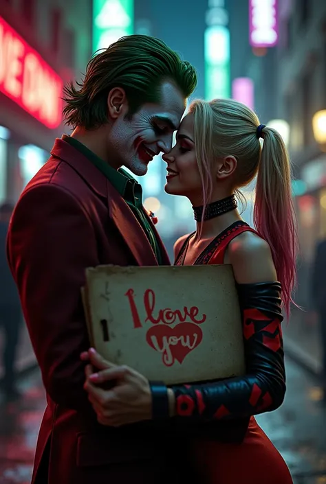 Joker and Harley Quinn in love with a sign that reads: "I love you" 
