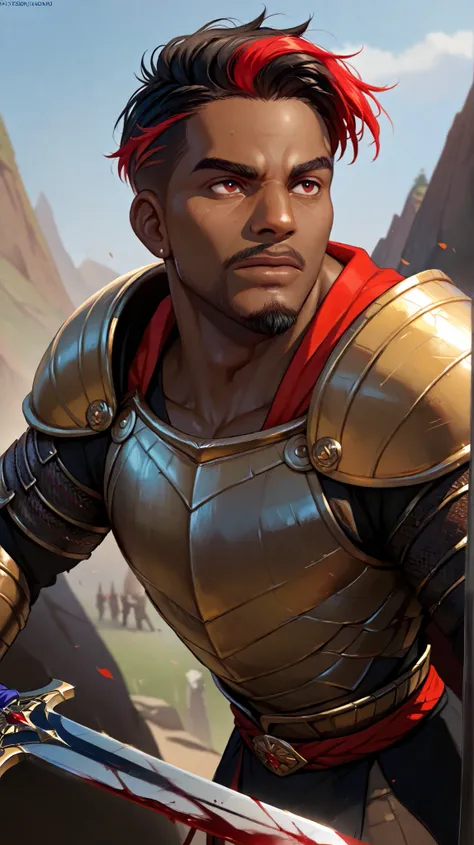 Create a dark-skinned African black man, With short black dread hair with red highlights, with goatee,  with blood red eyes ,  bronze armor with gold and diamond details black stones in, fighting a man with swords 