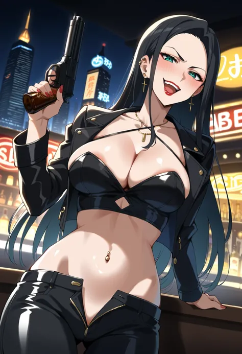 score_9,score_8_up,score_7_up,score_6_up, source_anime, 1girl,  long hair, black hair, teal eyes, necklace, drunk, solo, , ear piercing, long hair, blush, lipstick,Hot girl, baddie, , sensual, attractive ,bar background, inside bar,indoors, cityscape, casi...