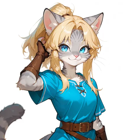 masterpiece, best quality, amazing quality, very aesthetic, high resolution, ultra-detailed, absurdres, newest,         solo, countershading, kat,adult female,  Anthro furry feline, blue eyes, grey striped fur, :3,  cheek fluff, blonde hair, long blonde ha...