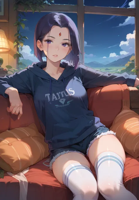 1girl, Raven,  Titans, sitting on a couch, hoodie, silk shorts, thigh highs, sexy pose, lustful, BREAK, night time, mountain cottage, cinematic lighting,