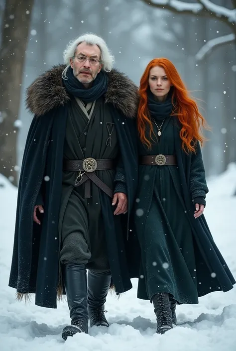 wizard men in his 30s, white hair, walking with his young seductive redblond female student, winter, flames in brown eyes,  black cloak, confident face,