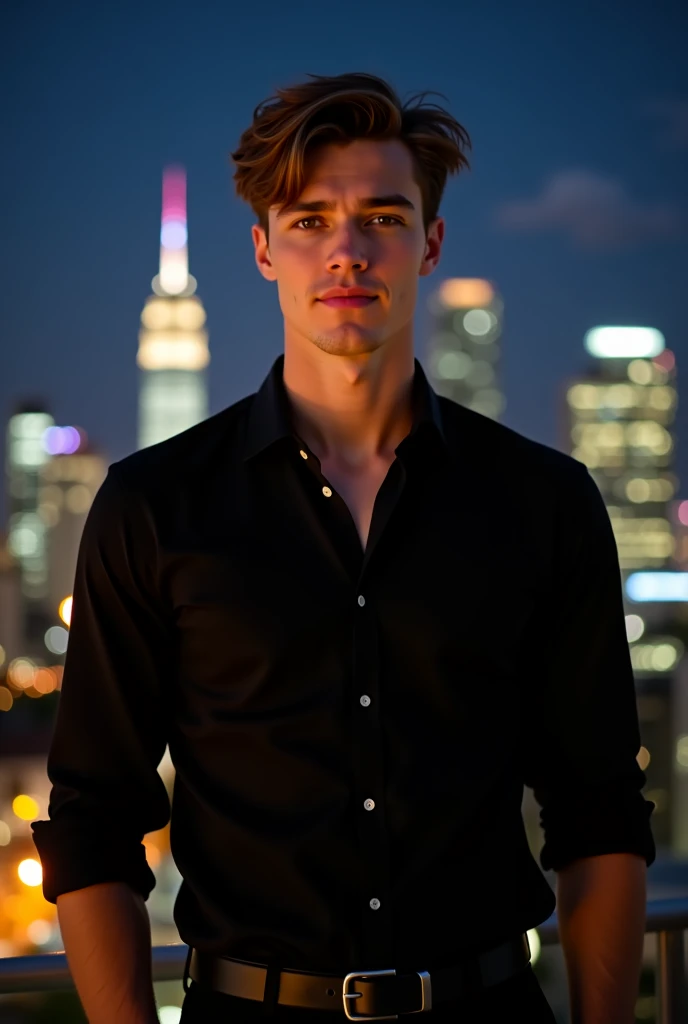     Portrait of a handsome and athletic man .  slightly wavy short hair , The bangs fall slightly down the forehead, 22 years old . Black shirt and black dress pants. formal casual .  black belt.  clear sky , Night,  surrounded by skyscrapers that shine wi...