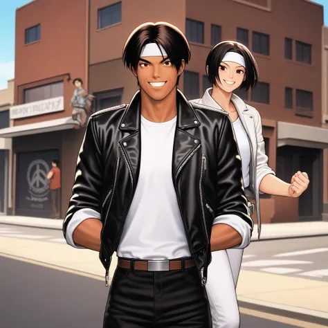 2 people, male and female, black hair, shorthair, red eyes, narrow eyes, medium build, brown skin, (smiles showing white teeth), (thrips: 0.8), male and female wearing ((black leather jacket with rolled up arms)), open jacket, black fingerless gloves, whit...