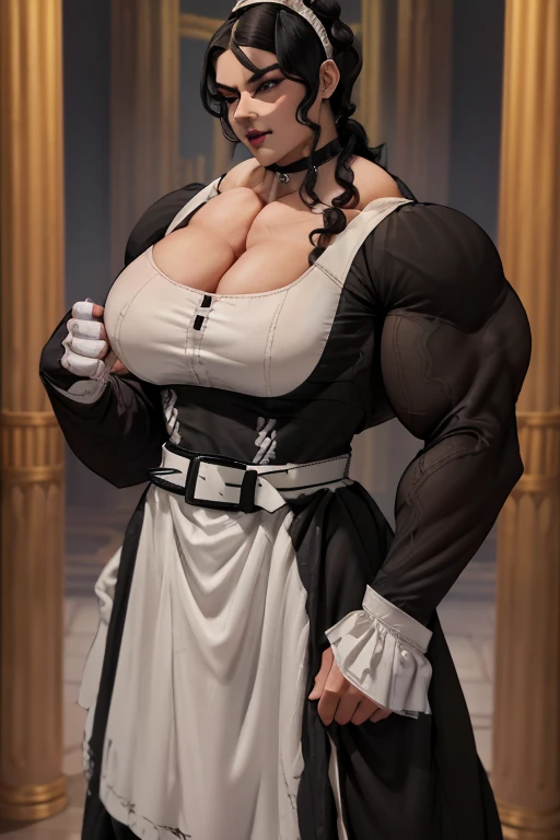 ((Close-up)), tall, (jet black hair) beautiful muscular woman, wavy ponytail, black skin, closed smile, (large breast), (black lipstick), (massive muscles), (hyper muscle), ((ginormous bulky muscles)), white eyes, (((((long sleeve maid dress with belt)))))...