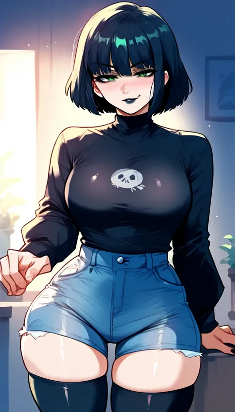 Top quality, masterpiece, ultra high definition, 1 anime girl with medium black hair, and green eyes, shiny lipstick, smug, shiny skin, medium breasts, goth, black thigh-high stockings, black sweater, jeans shorts, simple background, indoors, 