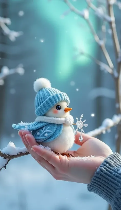  First Winter Style Mini Bird / Frosted jacket

In the palm of your hand , a small light blue bird with white details on the wings looks like a living jewel in the middle of winter .  He wears a tiny white scarf that gently wraps around his neck and a blue...