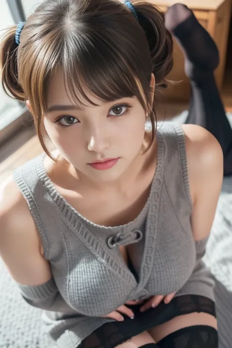 18 year old high school girl、In town、T、( gray knitted dress and black stockings:1.3)、 Longer Black Boots 、 expression of temptation:1.3、Big Breasts、 gals、White women、 middle breasted、 random provocative pose 、(( seductive look :1.1))(())(( ponytails are ti...