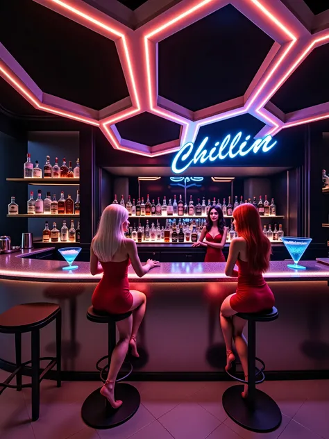 "Chillin” blue neon sign above the chic bar, with lots of different alcohol, beautiful blue cocktail in the foreground with salt grains on the rim of the glass, and three beautiful girls :  blonde in a tight red dress is sitting on a bar stool,  brunette a...