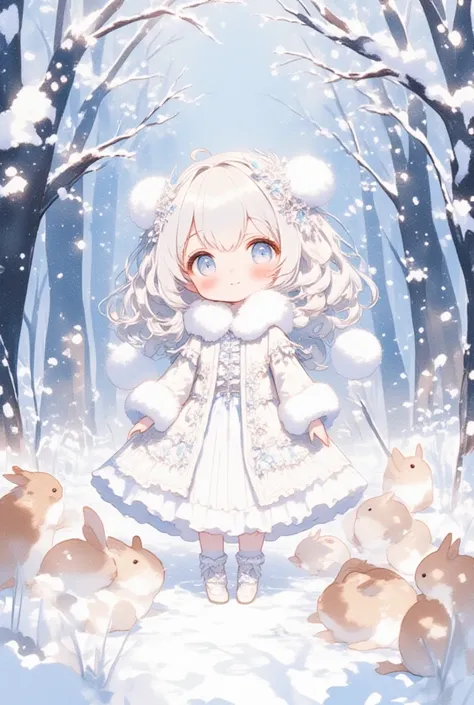 watercolor, ultra detailed cute moe anime, chibi character, frilly white coat, fluffy, In a winter forest, a  wearing a frilly dress stands gracefully. Her dress is as white as snow, adorned with fluffy decorations. Small snowflakes gently fall onto her ha...