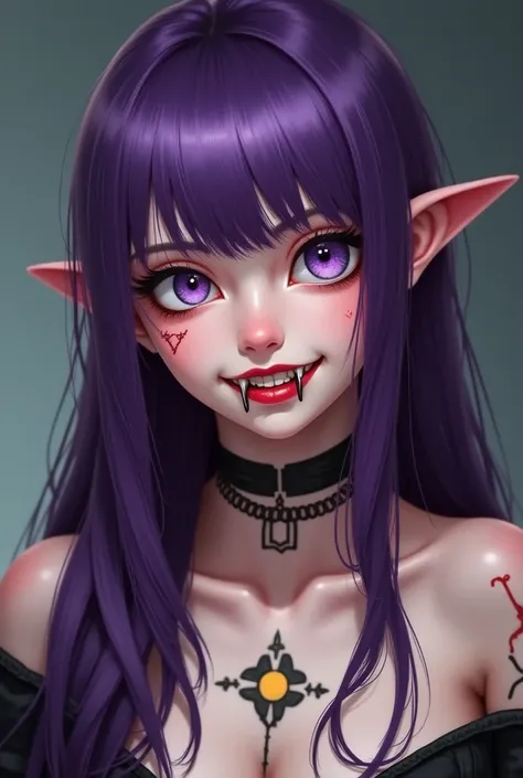 Crea una imagen de A girl con las siguientes caracteristicas: A girl, light skin, a cross tattooed on the back ,  with heterochromia ,  slanted eyes ,  has a more dilated pupil ,  thick lips,  cheek scar ,  with elongated fangs and whitish teeth , fine fea...