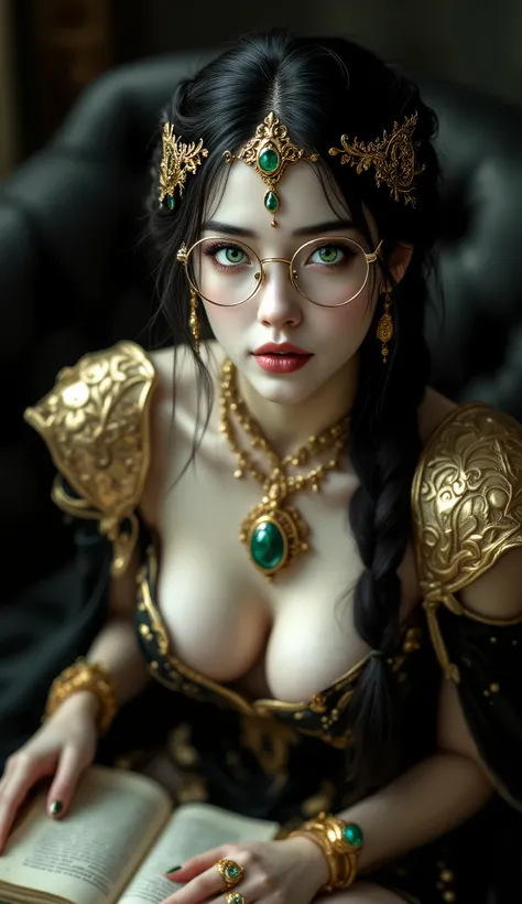 This image is a highly detailed, digital illustration of a young woman in an elaborate, fantasy-themed costume. She has pale skin and large, expressive green eyes, framed by delicate, round, gold-rimmed glasses. Her long, black hair is styled in a braid th...