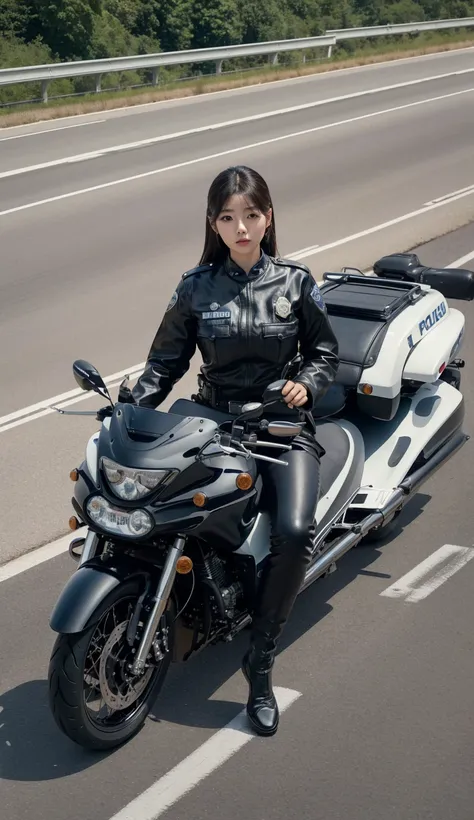 (​masterpiece)),(( best quality)), Female police officer , Japanese Police,(I'm riding a big motorcycle and driving on the highway:1.5),Metropolitan Police Department、  Tight Skirt  ,   standing,   cowboy shooting, angle from below,Panties visible,Big Brea...