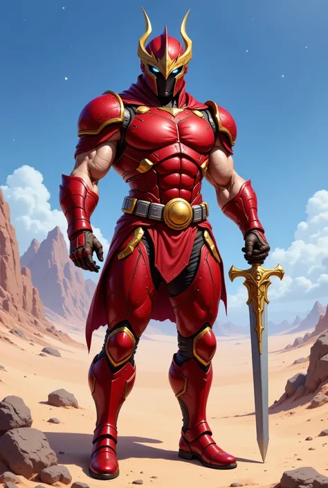 It features a muscular, imposing figure of a man dressed in a vibrant red, futuristic armor. The armor is adorned with intricate gold and silver details, including a belt with a large, circular buckle, and straps crisscrossing the chest and back. The helme...