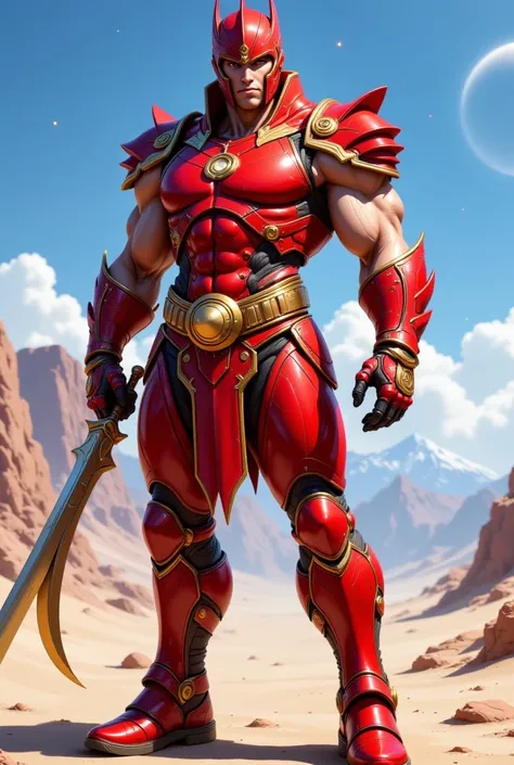 It features a muscular, imposing figure of a man dressed in a vibrant red, futuristic armor. The armor is adorned with intricate gold and silver details, including a belt with a large, circular buckle, and straps crisscrossing the chest and back. The helme...