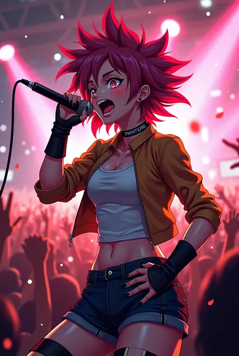 Generate an anime image of a wild girl singing loudly in a crowded noisy stage