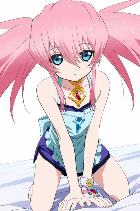  illustration where I can see my whole body,  swimsuit,ワンショルダー swimsuit, very aesthetic with apron,   source_Anime,    Details,    is on all fours in bed, , , I was shy ,  simple white background,  put your hands together , 
  watch viewers , Emotionless, ...