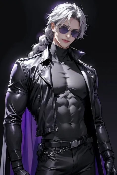 full HD, 4K, better quality, ((1 Adult man, 40 years))), ((white long Hair)), ((grey eyes)), one long braid, black turtleneck, violet trousers, Black background, Large assembly, Pumped up body, good anatomy, feminine figure, (super detailed face), (Detaile...