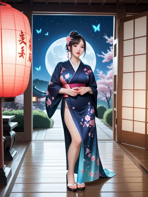 A sexy hyper-busty hyper-curvy woman in an ethereal kimono adorned with glowing cherry blossom patterns, detailed face, detailed eyes, detailed lips, detailed chest, highest quality, masterpiece, hyper-realistic, extremely detailed, intricate details, ultr...