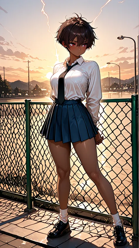 1girl, solo, tomboy, dark brown hair, dark red eyes, brown_skin, perfect figure, medium breast, medium hips, medium thighs, school_uniform, white_shirt, black tie, blue pleated skirt, white socks, full_body, outdoor, evening, dim lightning, masterpiece, be...