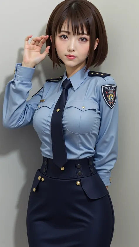  is present, realism,Realistic,(( best quality)), Female police officer , Japanese Police,Metropolitan Police Department, Tight Skirt ,(Female police officerは背後から女性に抱きつかれて、 is being touched on the chest:1.8),   standing,(Big Breasts,The buttons on my unifo...