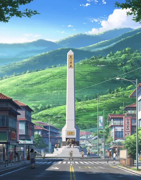 Make an anime style background, Cianjur city, in the middle of the road there is a monument, On the side of the road there are shops and houses. surrounded by green mountains and tea gardens, detailed image texture, sharp texture, HD image quality, 4K qual...