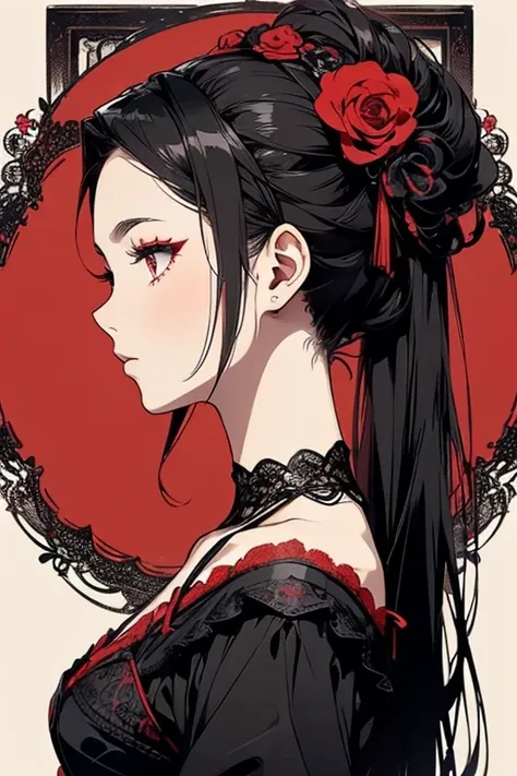   black and red lace dress、 cute、Villainess、  headbands 、  profile 、Determine who is eligible 、  profile のアップ、 Beautiful hair ornaments .((Strong Details )).((front:1.25)).