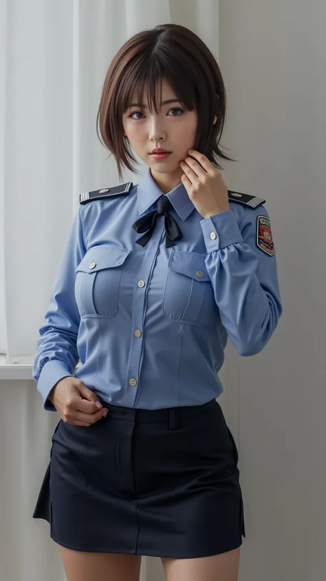  is present, realism,Realistic,(( best quality)), Female police officer , Japanese Police,Metropolitan Police Department, Tight Skirt ,(Female police officerは背後から女性に抱きつかれて、 is being touched on the chest:1.5),   standing,(Big Breasts,The buttons on my unifo...