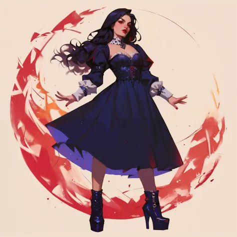 score_9, score_8_up, score_7_up, score_6_up, score_5_up, score_4_up, did vaporwave style, Red eyes, a pale complexion, long black hair (to the middle of the back if you need specifics), dark red lipstick, medieval gothic attire, black platform boots
