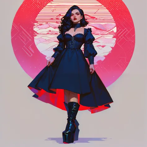 score_9, score_8_up, score_7_up, score_6_up, score_5_up, score_4_up, did vaporwave style, Red eyes, a pale complexion, long black hair (to the middle of the back if you need specifics), dark red lipstick, medieval gothic attire, black platform boots