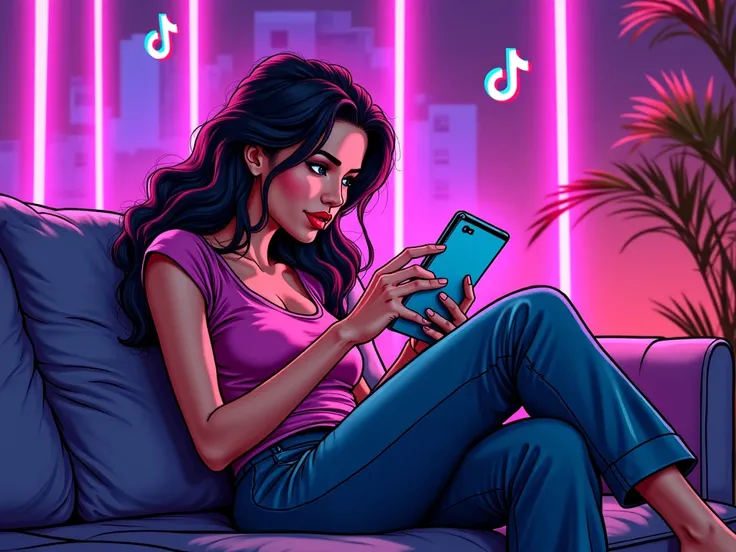 Comic book art of a woman at home on a couch with a tablet with purple neon in the background“Grow Your TikTok Account” with floating TikTok icons