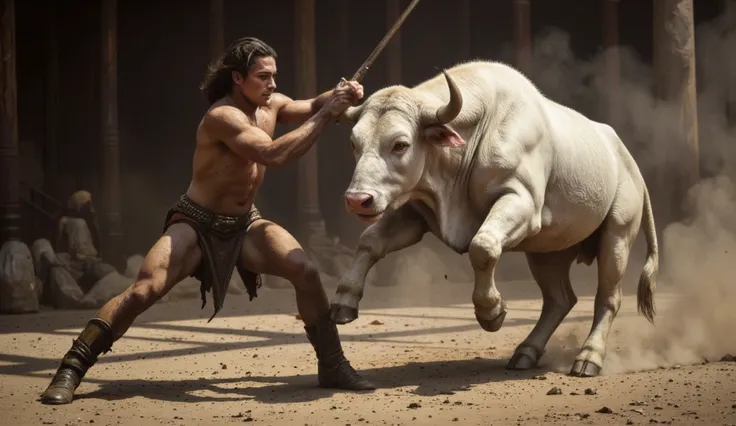 a realistic and violent image of Hercules dominating a white bull with red eyes. Hercules is dressed in armor and unarmed, holding the bull by its horns as the bull tries to throw him off. The scene should capture the intense struggle and raw power of both...