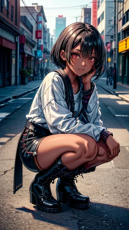 ((  girl)),(( full body)),(( Squats Her Legs )),(( opened leg)), Beautiful Attention to Details ,  Beautiful Lip Details ,One Japanese Girl ,do,((( Dark Skin Tone 2 .0))), ( Very Short Black Hair ),((Lonely Smile)),(( street fashion)),(( Lined Long Jersey ...