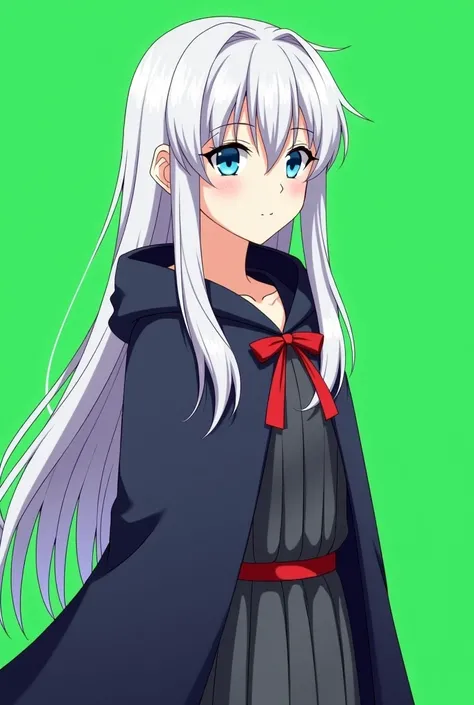 anime character with long gray hair and blue eyes standing in front of a green background, a character portrait inspired by Li Chevalier, pixiv, hurufiyya, white haired deity, anime style like fate/stay night, female anime character, ueshiba riichi, white ...