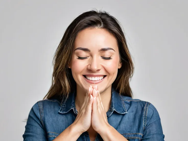 Happy person, facing forward, closed smile, praying with hands together, eyes closed, white background