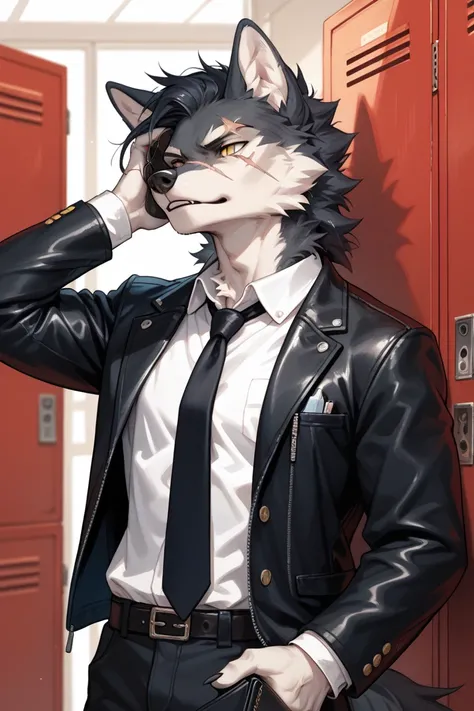 An anthro wolf with Dark black and white fur with yellow eyes with scars along his face Wearing a High school uniform that’s blue black, and a white tie, leaning against some lockers with his hand On the back of his head and holding a black leather noteboo...