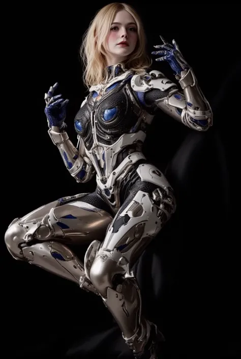 Elle Fanning, ultra-realistic, photorealistic, dramatic scene, shadow, global-illumination, solo, perfect anatomy, perfect fingers, (age cyborg), very beautiful with very cute face, detailed face skin texture, wide smile, (modern maid but futuristic cyborg...